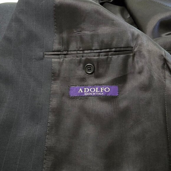 Adolfo Black Pinstripe Italian Super 120s Wool Single Breasted Blazer Sz 46R - Picture 9 of 12